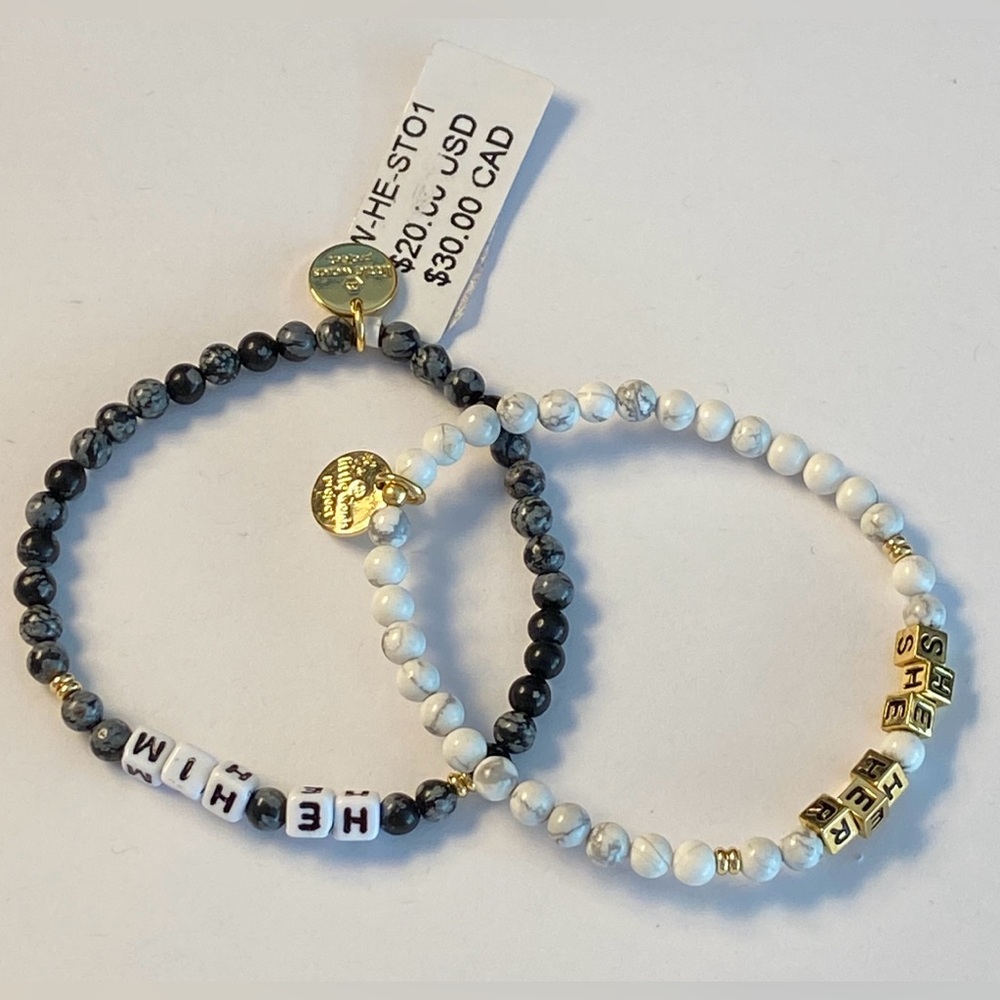 Little Words Project Bracelet - She/Her & He/Him - Black & White Beaded Stretch